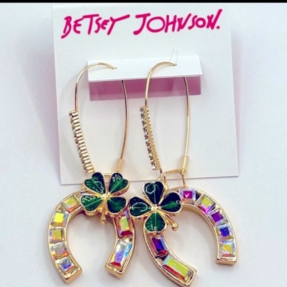 Betsey Johnson Jewelry - RESERVED BETSEY JOHNSON Lucking Out Horseshoe & Shamrock Crystals Earrings NWT